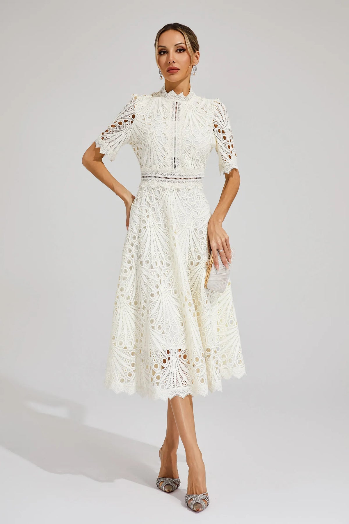 Exquisite Airy Lace Wedding Party Midi Dress for Women