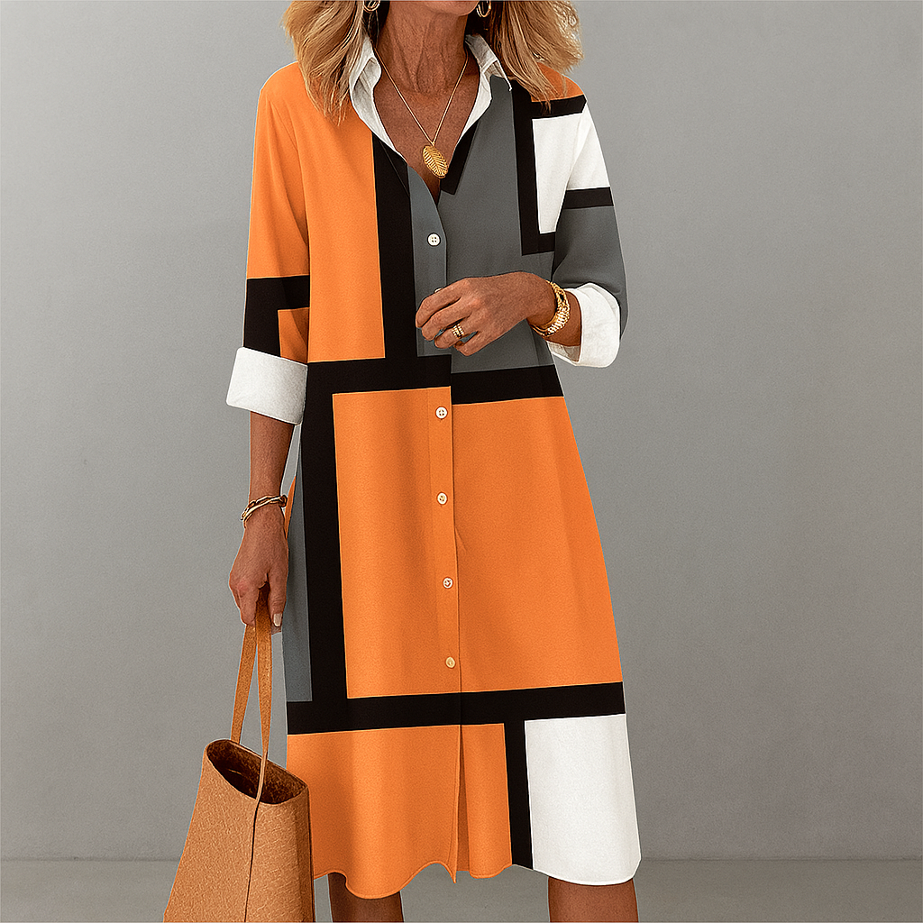 Women’s Classic Button‑down front Geometric Pattern Shirt Dress