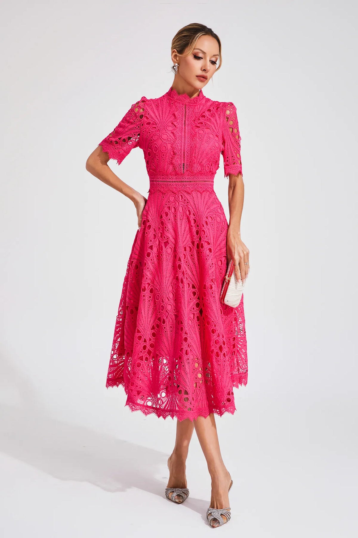 Exquisite Airy Lace Wedding Party Midi Dress for Women