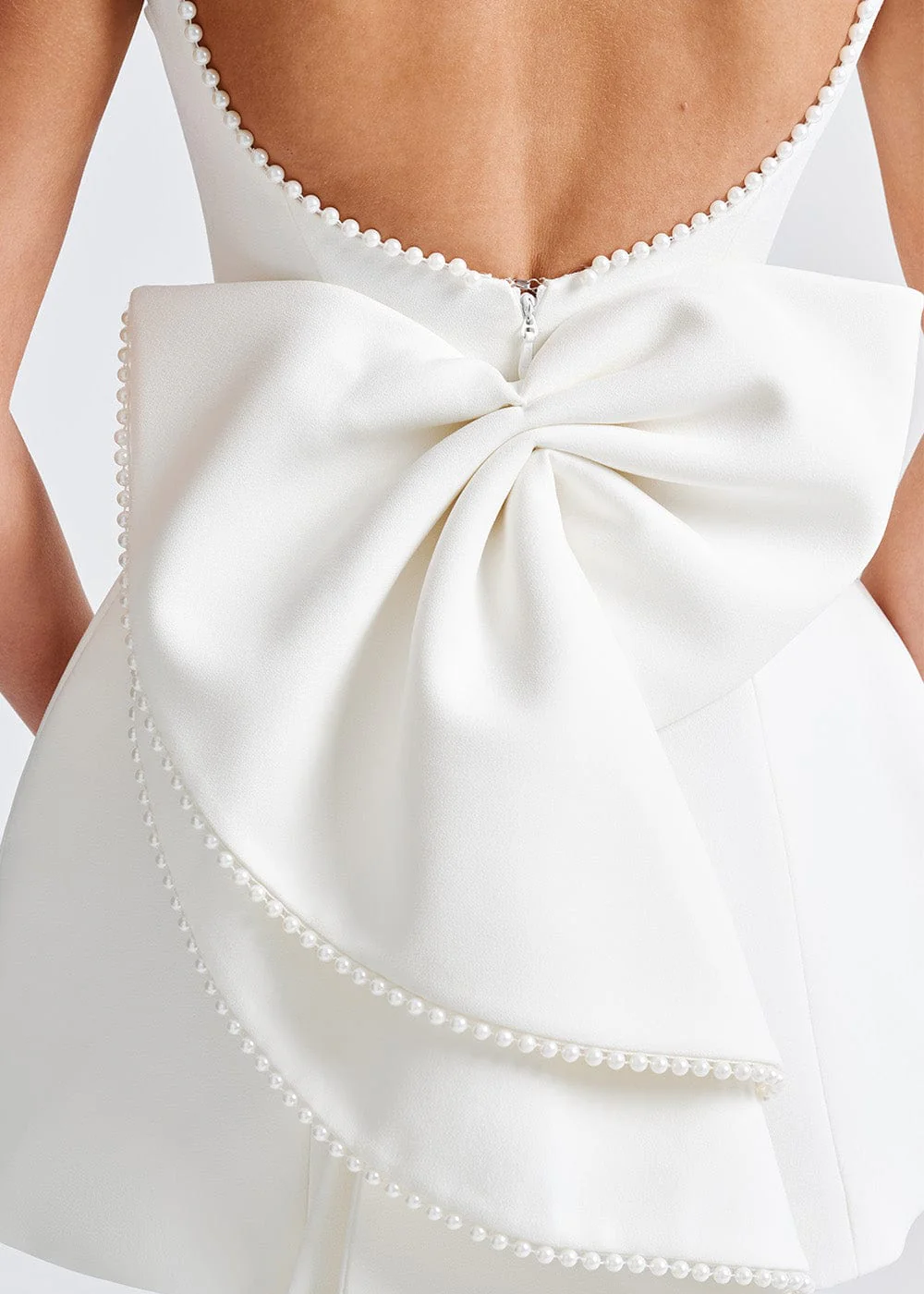 Women’s Elegant Open Back Mini Dress with Pearl Trim and Back Bow