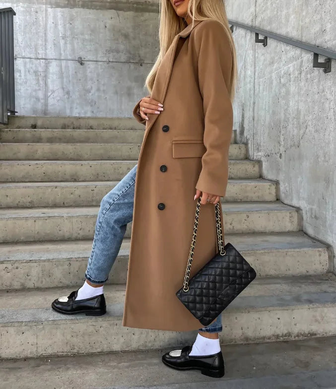 Women’s Long Coat Notched Collar Double Breasted Design