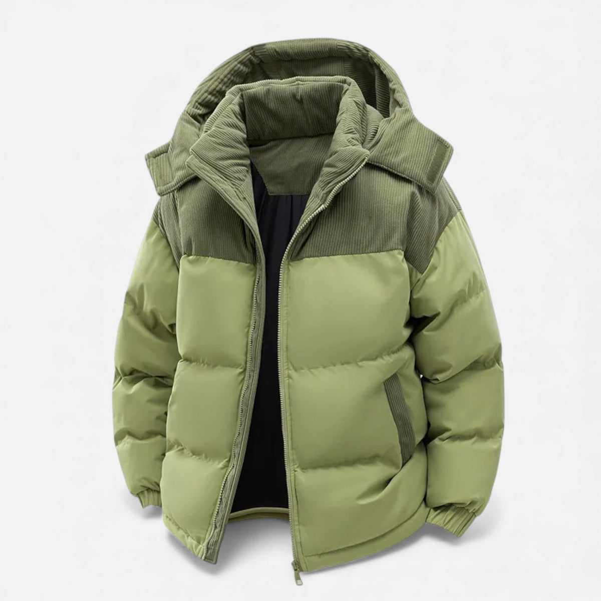 Men’s Quilted Waterproof Fleece Winter Jacket with Removable Hood and Stand-up Collar