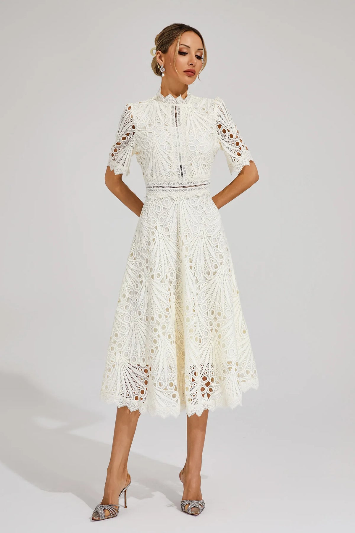 Exquisite Airy Lace Wedding Party Midi Dress for Women
