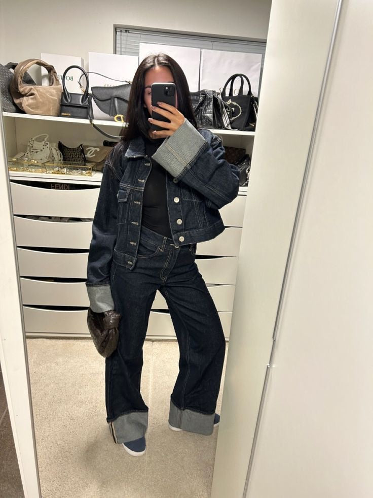 Women's Trendy Fashion Denim Set – Short Jacket & Wide-Leg Jeans
