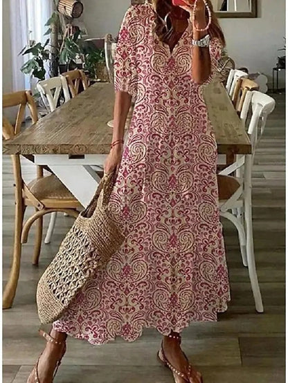 Women’s Summer Dress with Lantern Sleeves and Boho Print