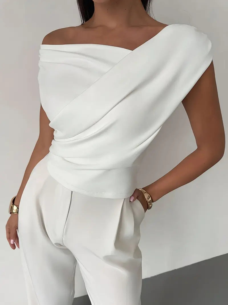 Women's Elegant Draped Shoulder Top with Round-Neckline
