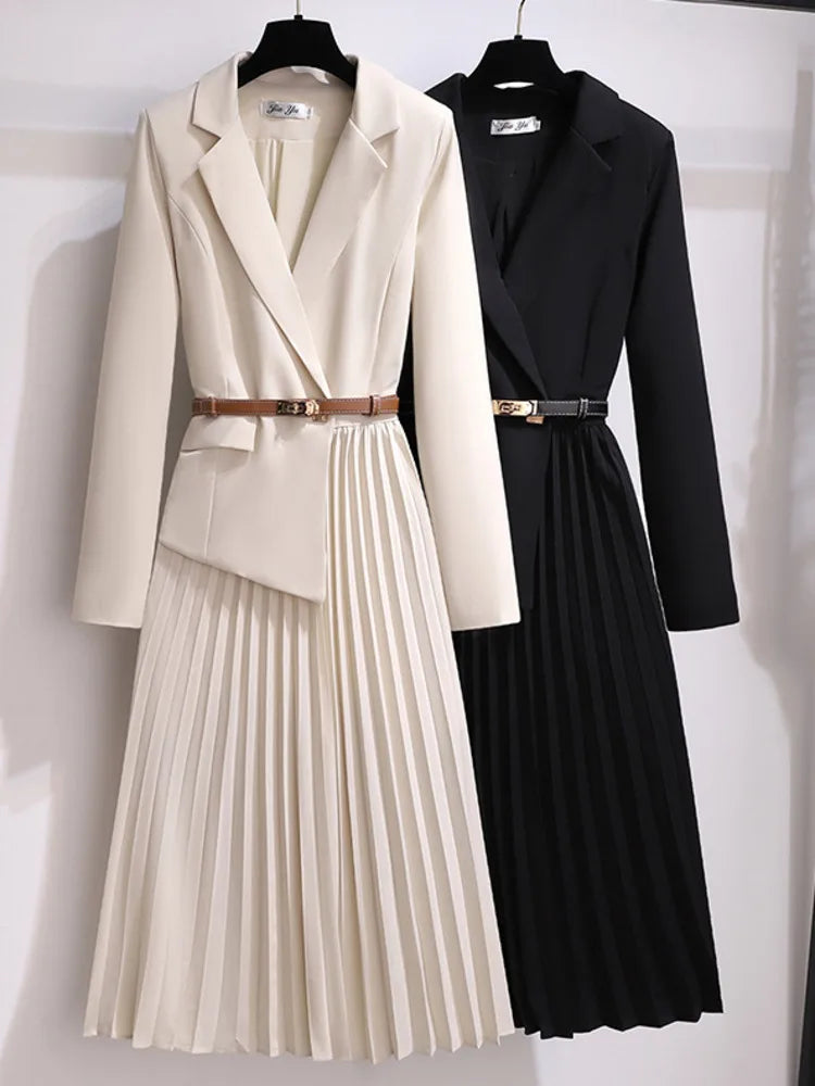 Women's Versatile Pleated A-Line Belted Midi Dress with Blazer Top
