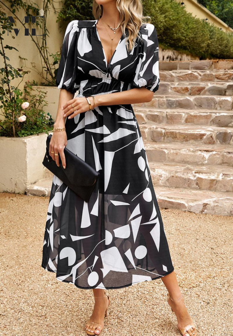 Women's Fashion Summer Floral Print Midi Dress with Puff Sleeves