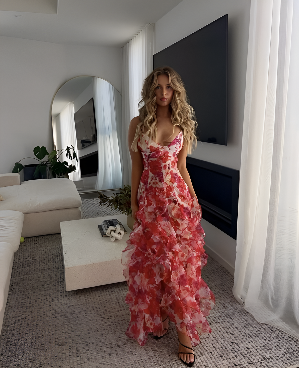 Women's Enchanting Plunging Neckline Floral Maxi Dress for Special Events
