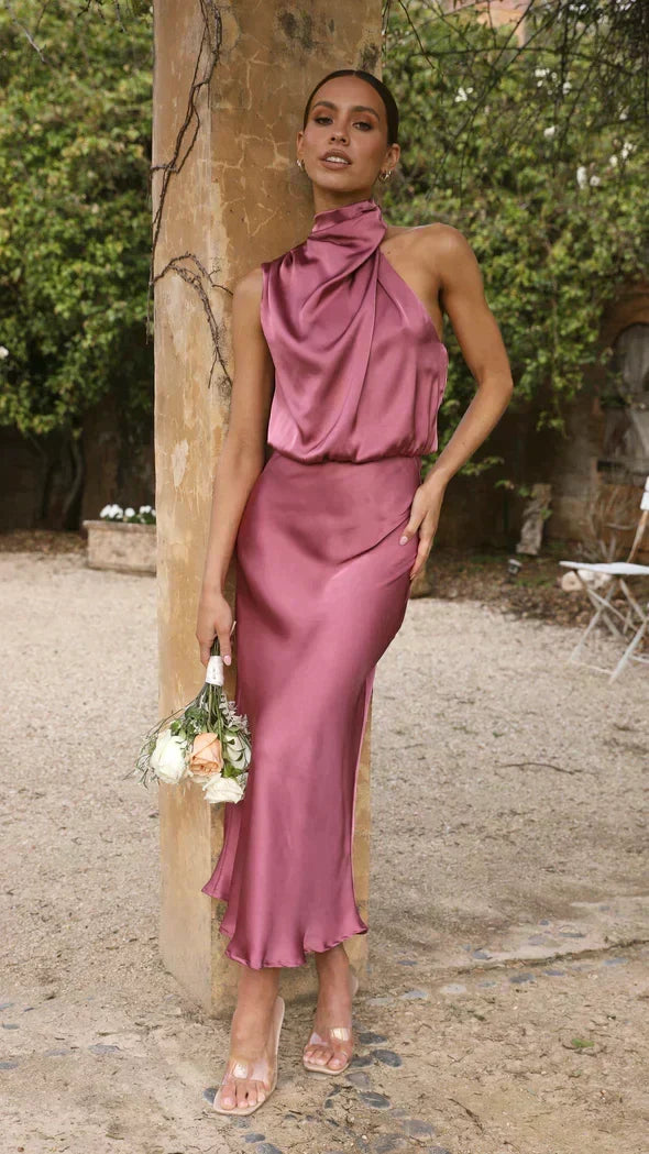 Women's Long Halter Formal Wedding Guest Bridesmaid Dress for All Occasion