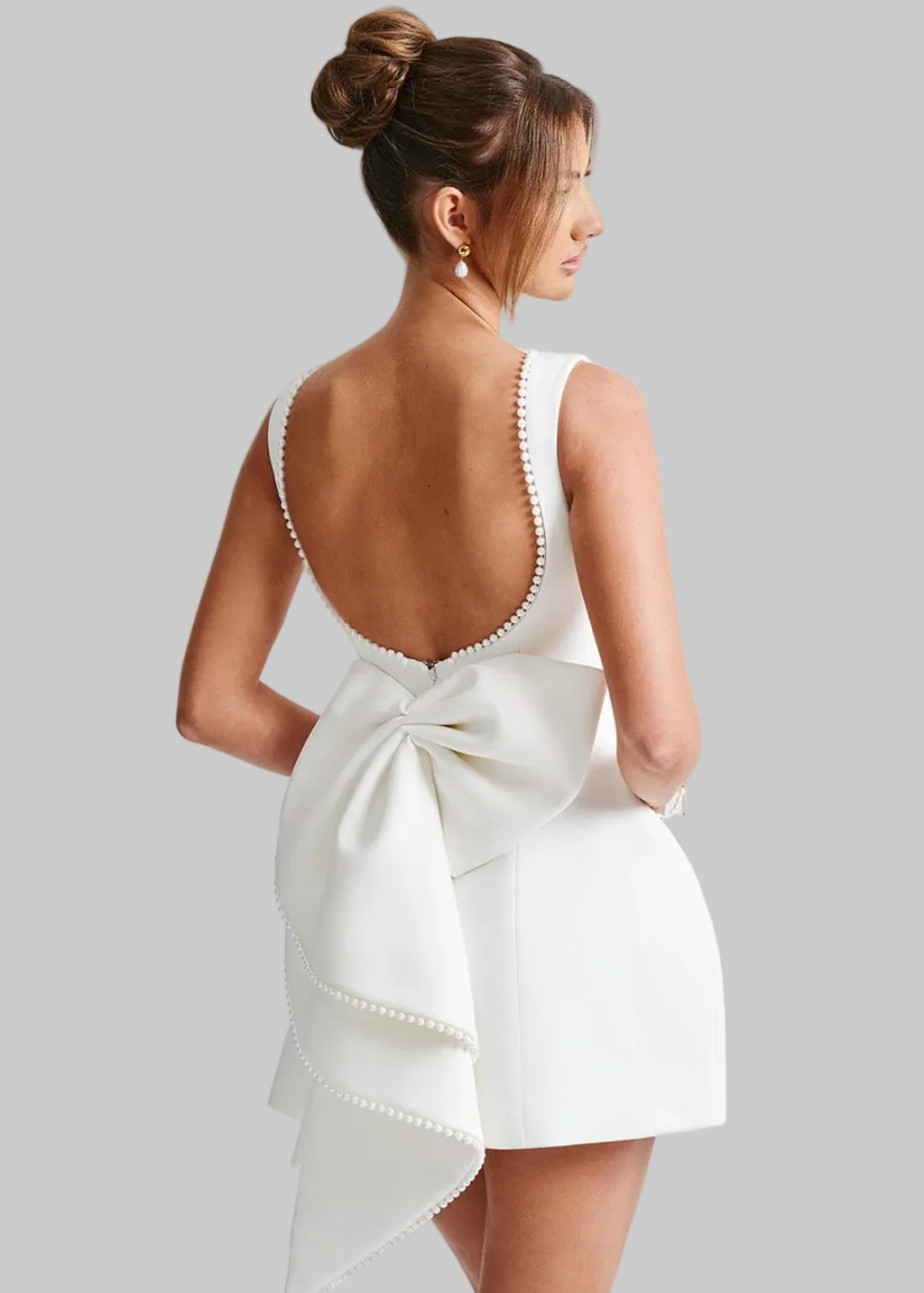 Women’s Elegant Open Back Mini Dress with Pearl Trim and Back Bow