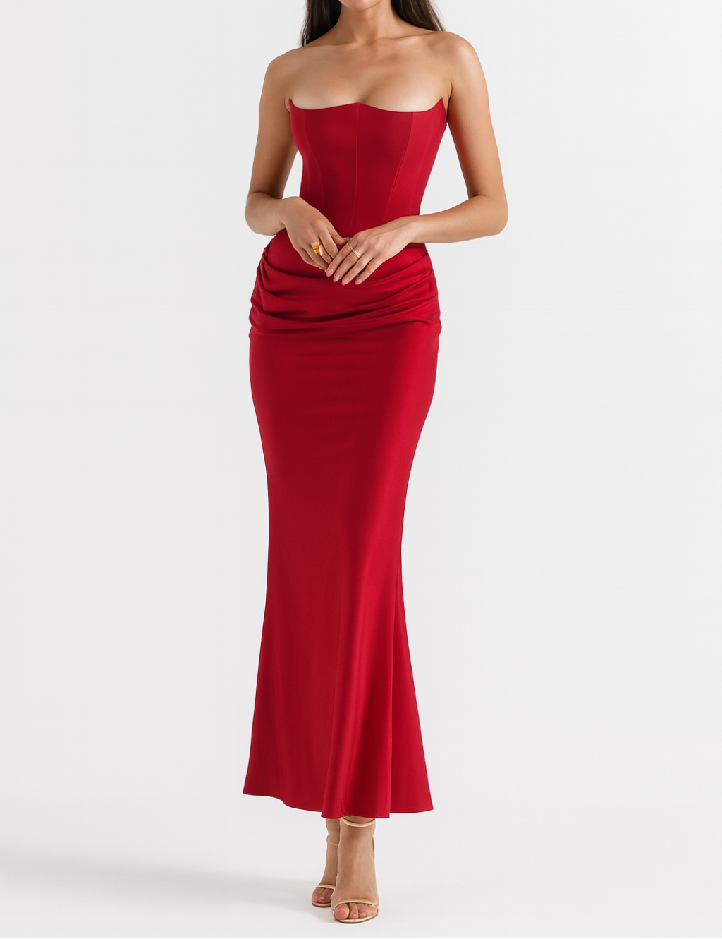 Women’s Strapless Maxi Dress Seam Front and Draped Waist