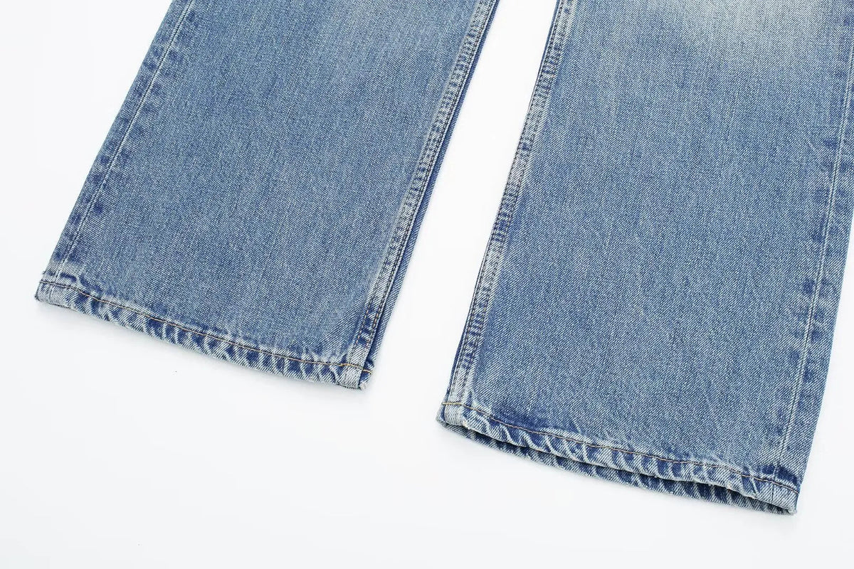 Women’s Retro Mid‑Waist Straight‑Leg Jeans with Lace‑Up