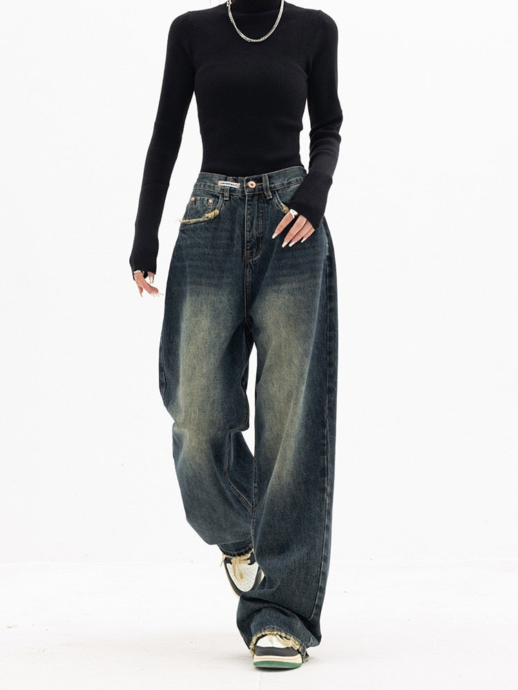 Trendy High-Waisted Streetwear Wide-Leg Jeans for Women